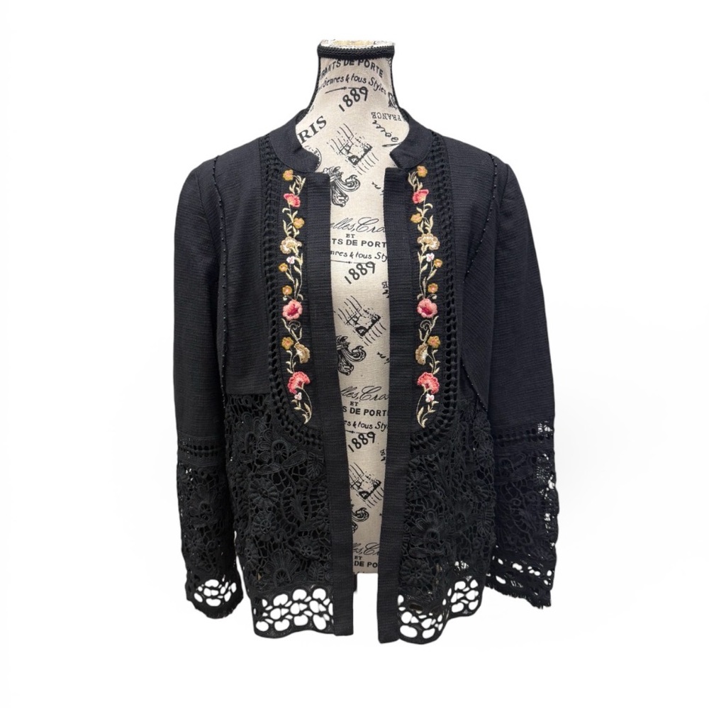 Chico’s Floral Embroidered Black Lace Open Front Blazer Jacket